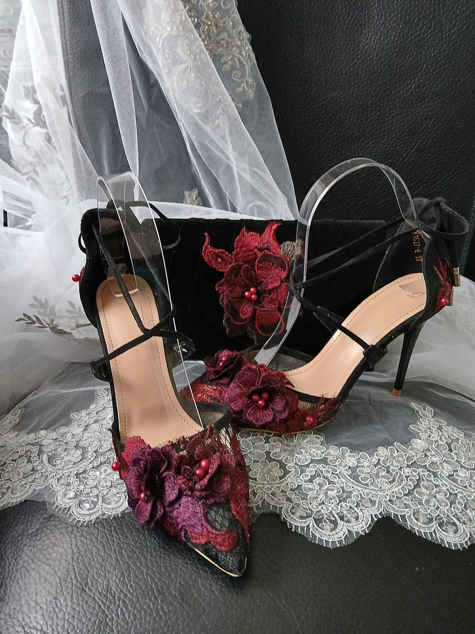 Black Suede Gothic Wedding Sandals with Burgundy Floral Clutch Bag