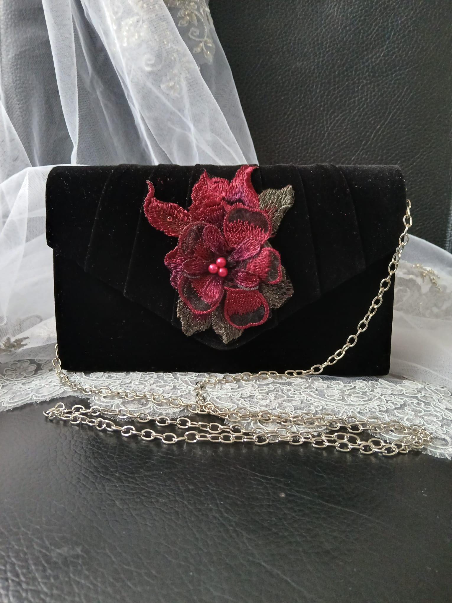Black Velvet Evening Clutch Bag: Wine Red Floral Gothic Wedding Purse