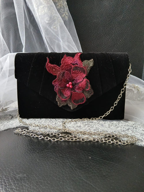 Black Velvet Evening Clutch Bag: Wine Red Floral Gothic Wedding Purse