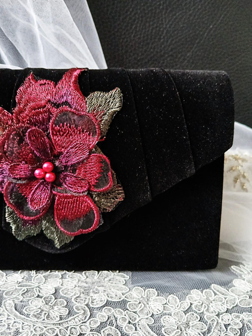 Black Velvet Evening Clutch Bag: Wine Red Floral Gothic Wedding Purse