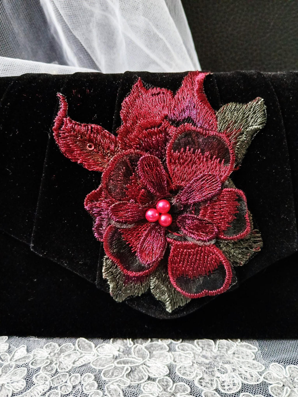 Black Velvet Evening Clutch Bag: Wine Red Floral Gothic Wedding Purse