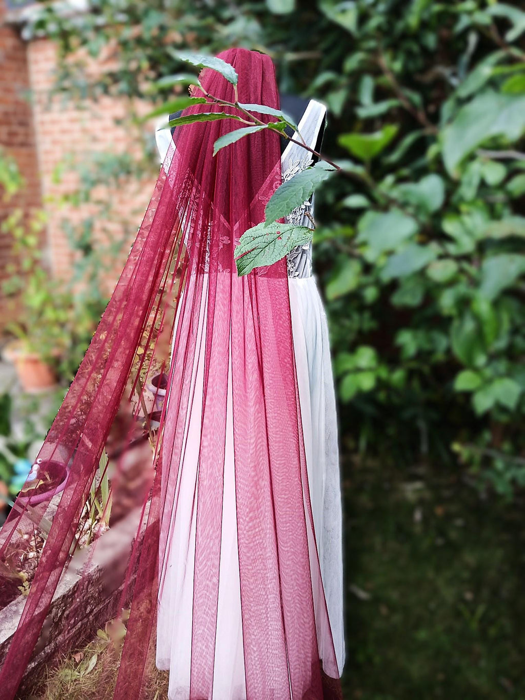 Wine Red Cathedral Wedding Veil: Double Lace Edge, Regal Bridal Veil