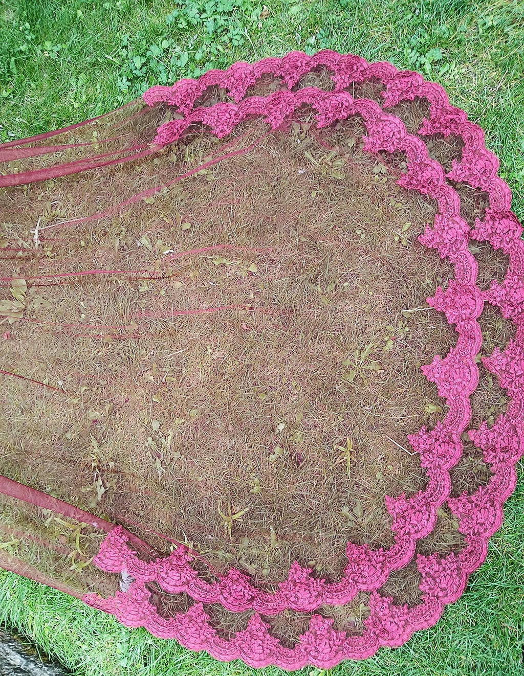 Wine Red Cathedral Wedding Veil: Double Lace Edge, Regal Bridal Veil
