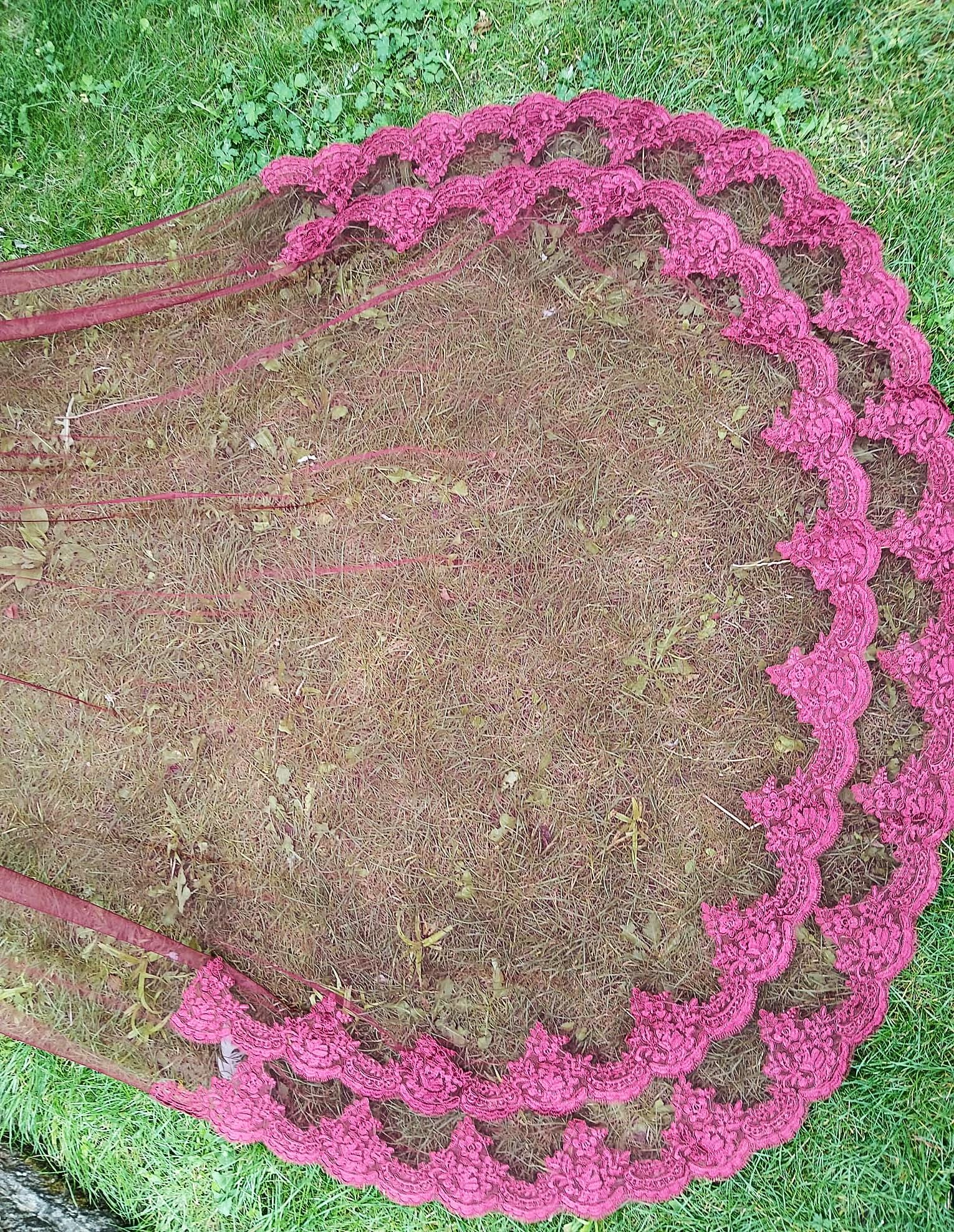 Wine Red Cathedral Wedding Veil: Double Lace Edge, Regal Bridal Veil