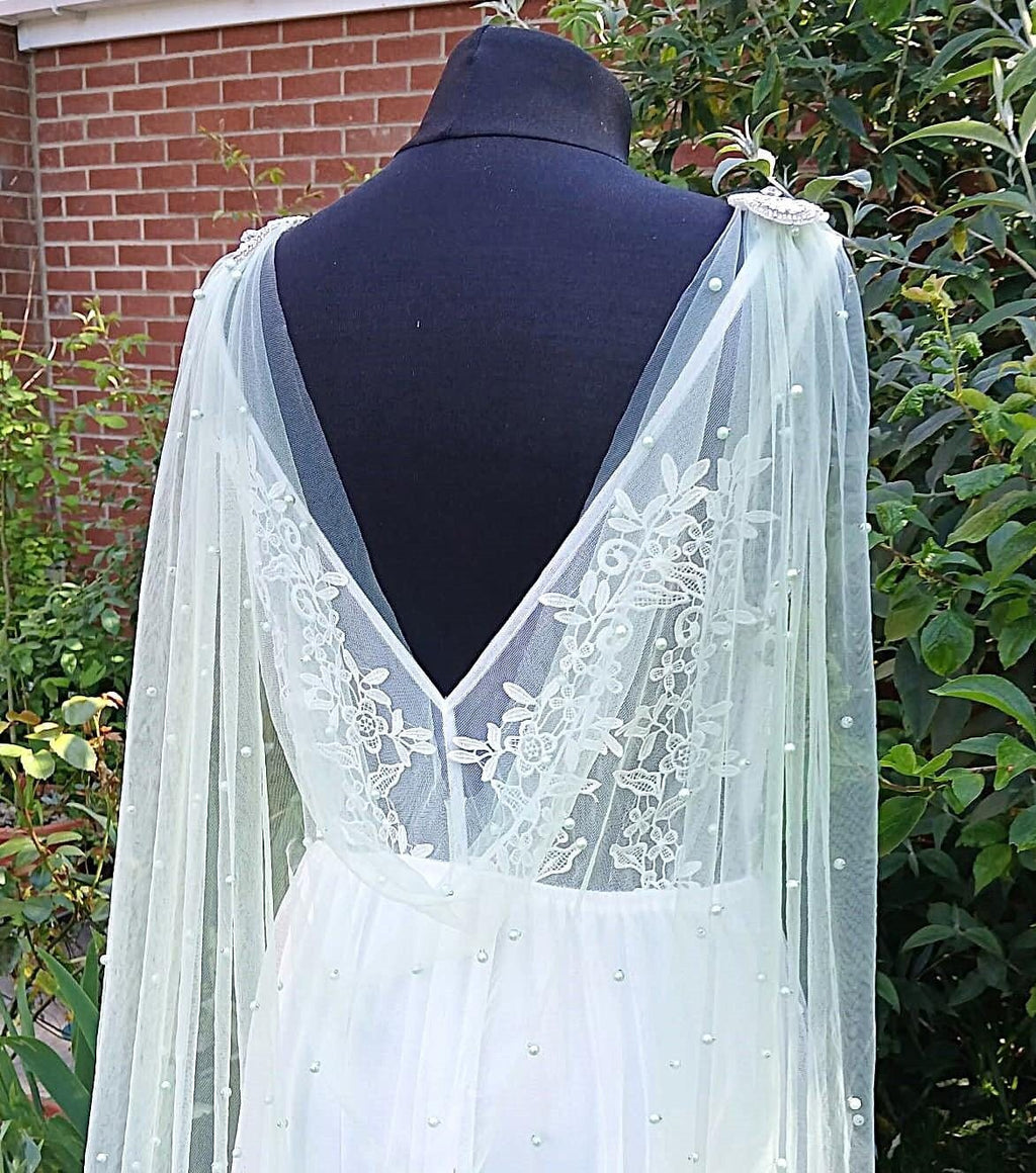Sage Green Wedding Cape Veil with Pearls - Customizable Cathedral Wrap