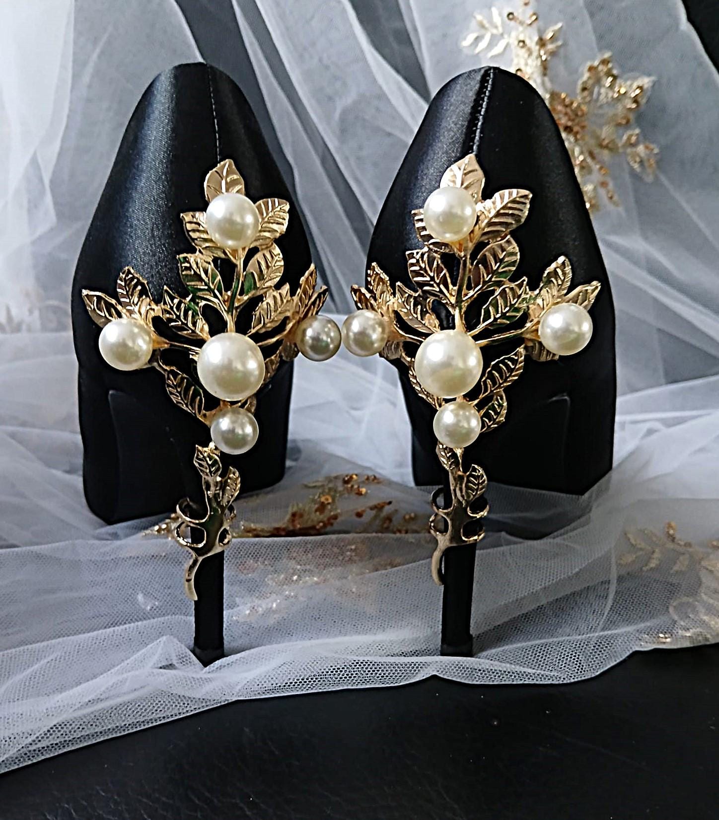 Vintage Inspired Black Satin Heels: Gold & Pearl Embellished Formal Shoes