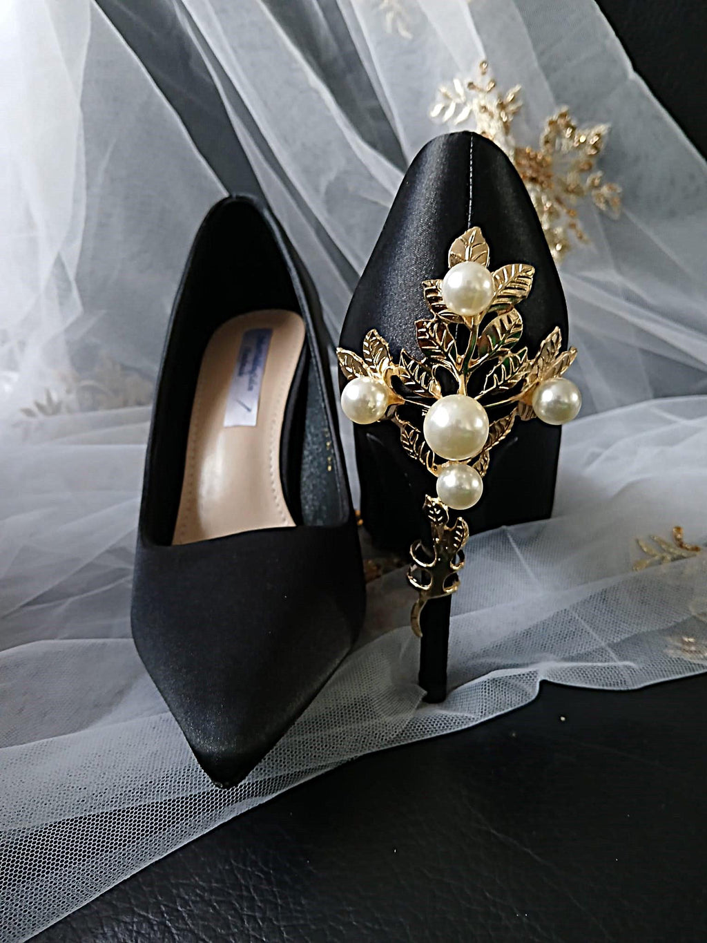 Vintage Inspired Black Satin Heels: Gold & Pearl Embellished Formal Shoes