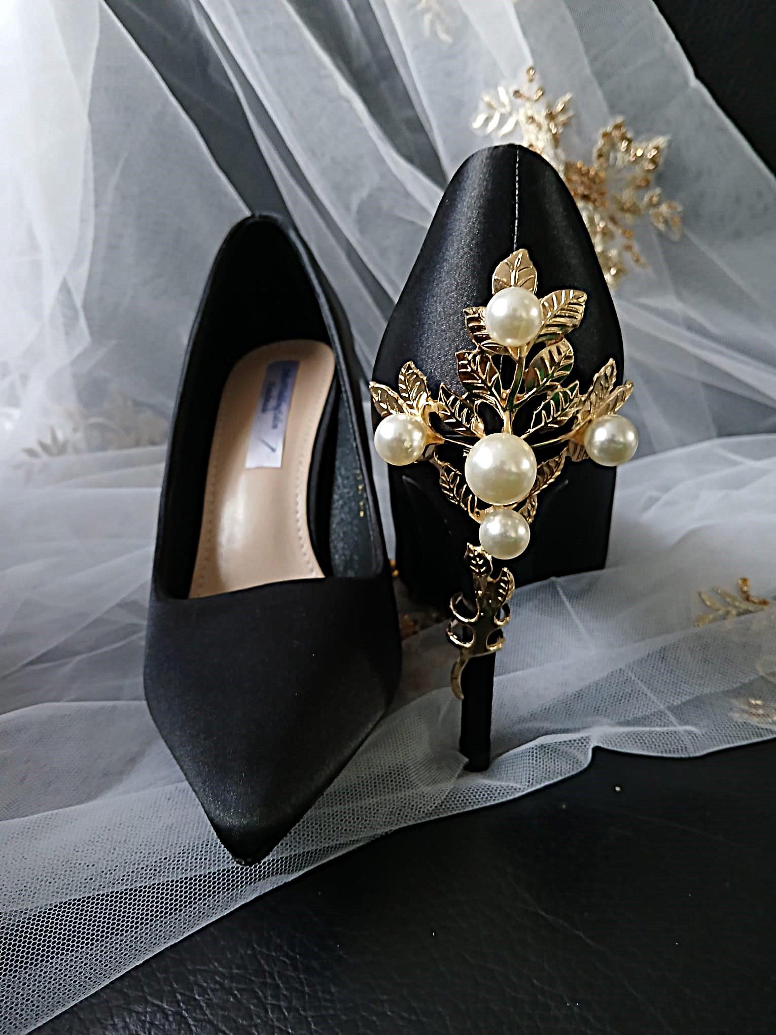 Vintage Inspired Black Satin Heels: Gold & Pearl Embellished Formal Shoes