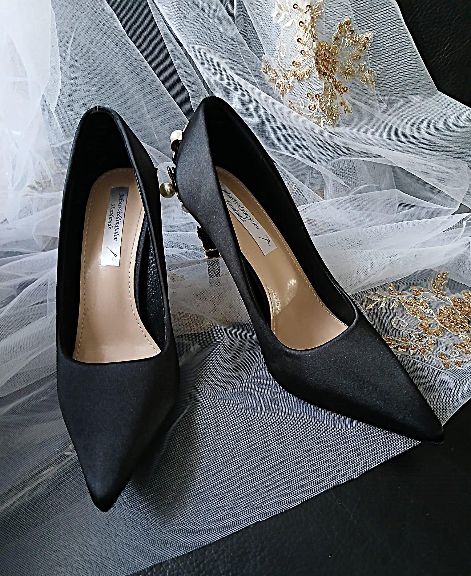 Vintage Inspired Black Satin Heels: Gold & Pearl Embellished Formal Shoes