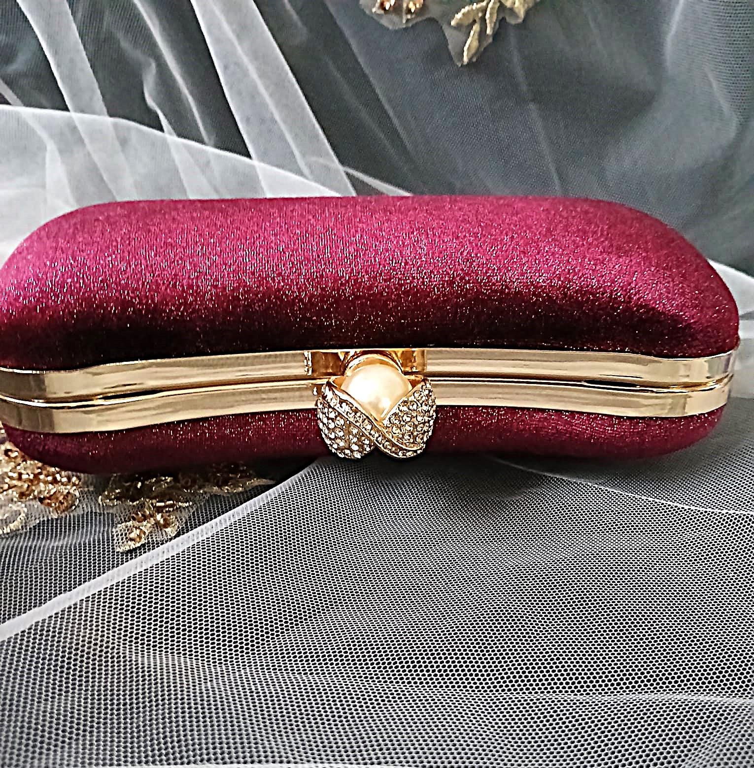 Wine Red Velvet Clutch Bag: Gold Hardware, Floral Lace Evening Bag