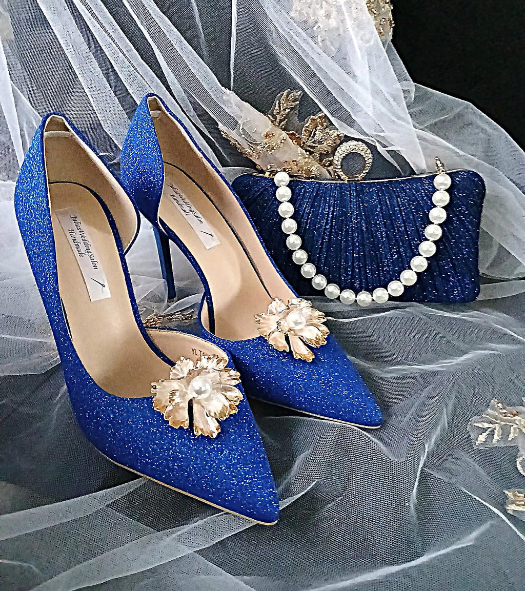 Royal Blue Glitter Bridal Shoes With Matching Clutch Bag,Shoes For Bridesmaid,Wedding Footwear