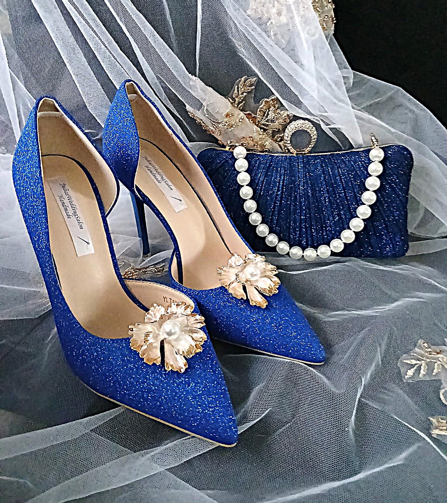 Royal Blue Glitter Bridal Shoes With Matching Clutch Bag,Shoes For Bridesmaid,Wedding Footwear