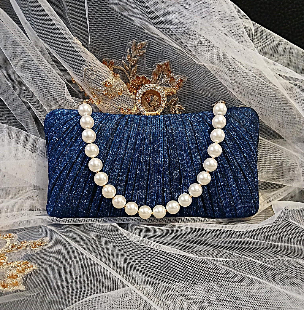 Royal Blue Glitter Evening Clutch: Gold Hardware, Pearl Handle