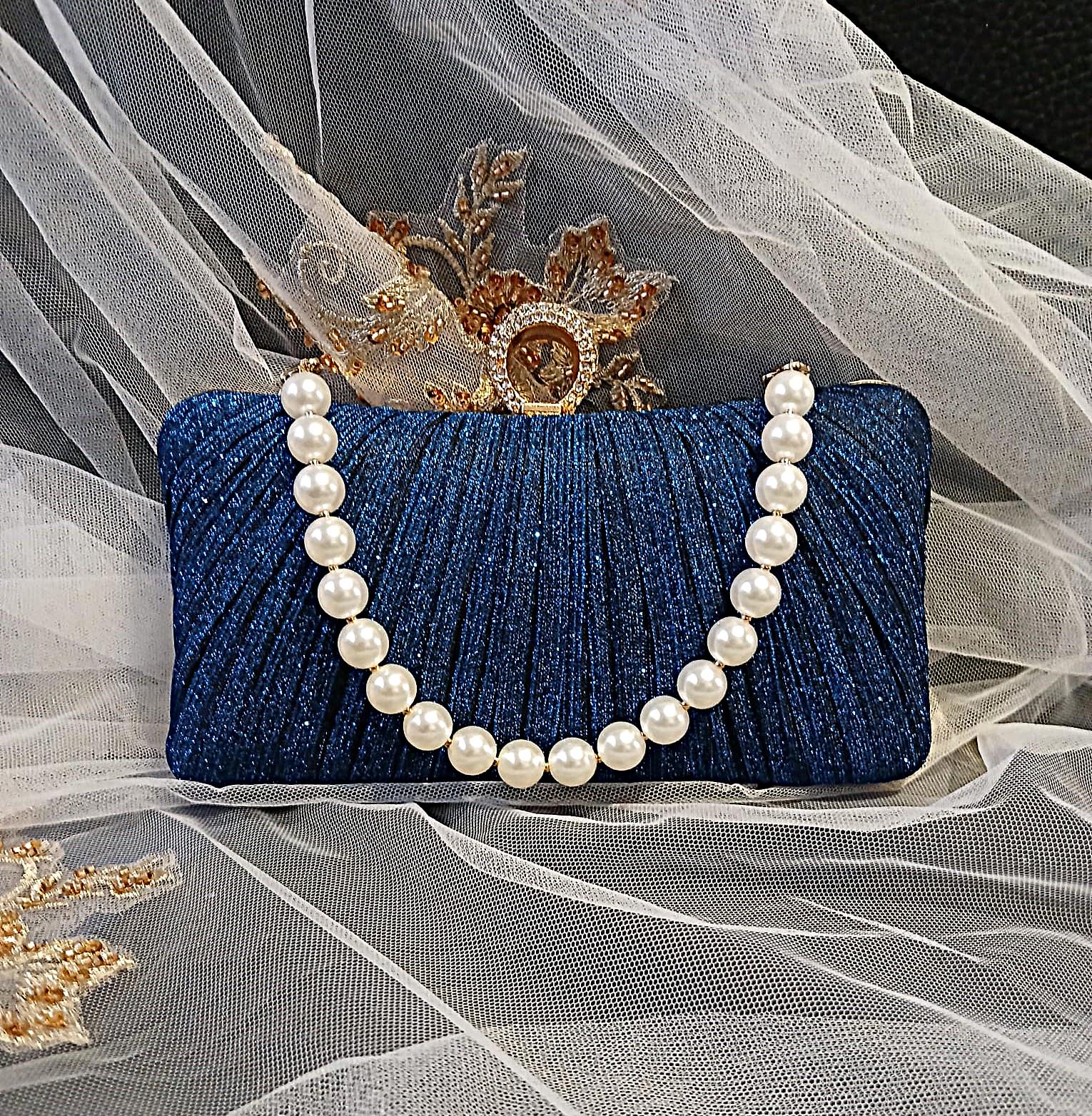 Royal Blue Glitter Evening Clutch: Gold Hardware, Pearl Handle