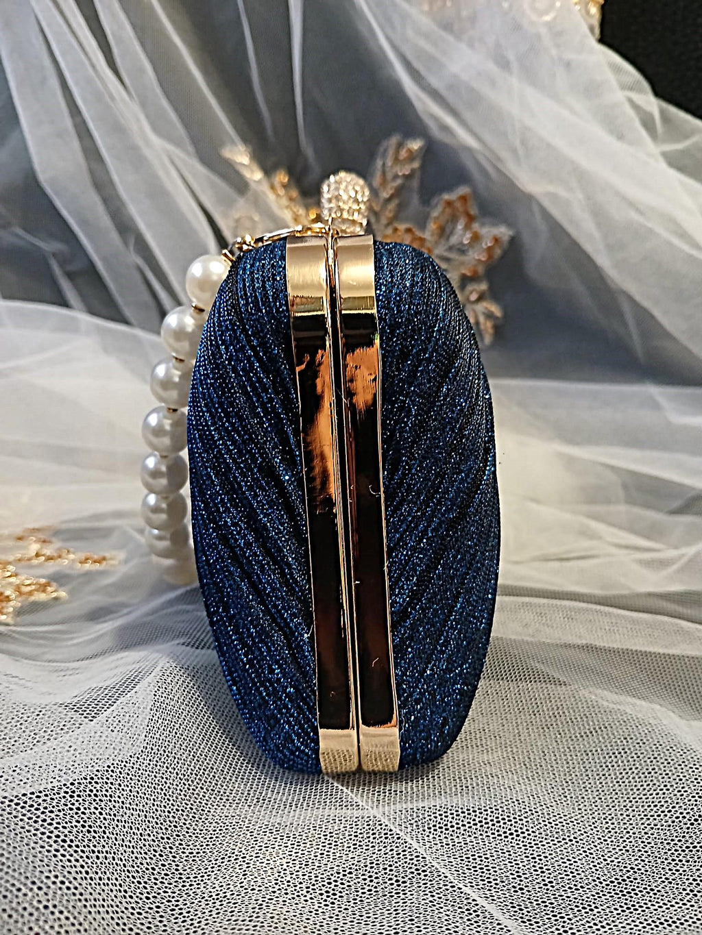 Royal Blue Glitter Evening Clutch: Gold Hardware, Pearl Handle