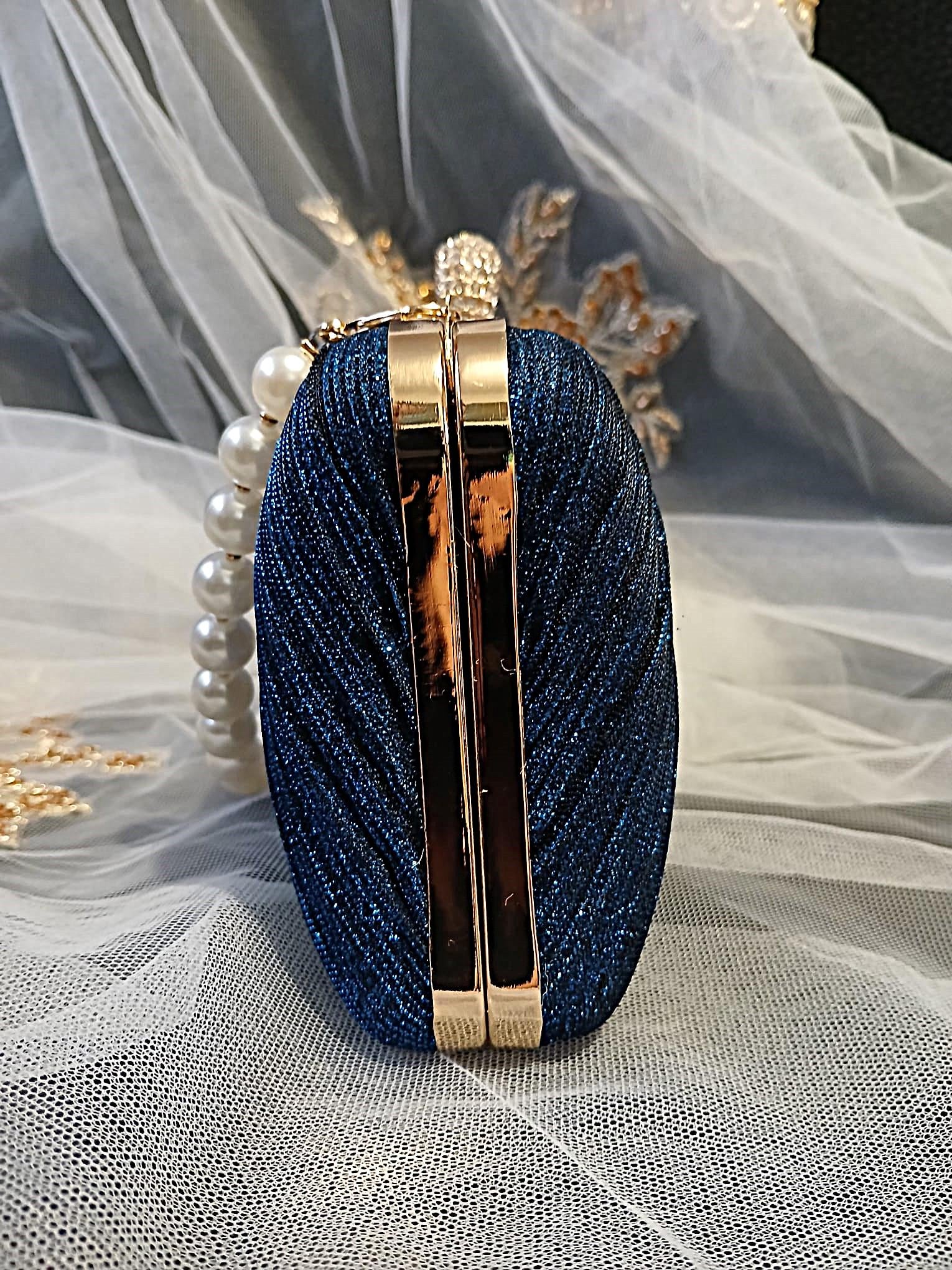 Royal Blue Glitter Evening Clutch: Gold Hardware, Pearl Handle