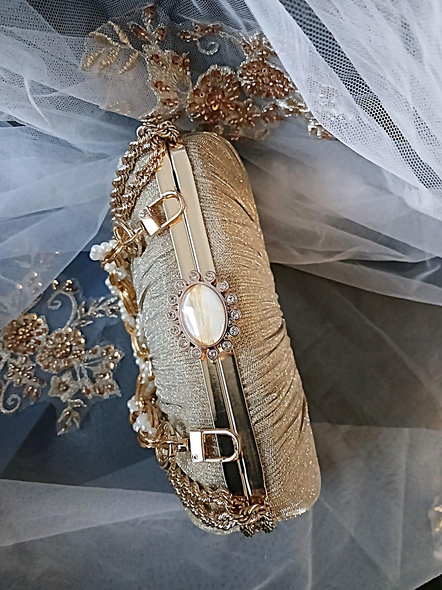 Gold Glitter Evening Clutch Bag With Decorative Handles,Wedding Handbag For Bride Or Bridesmaid