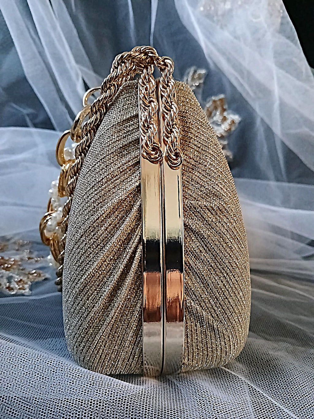 Gold Glitter Evening Clutch Bag With Decorative Handles,Wedding Handbag For Bride Or Bridesmaid