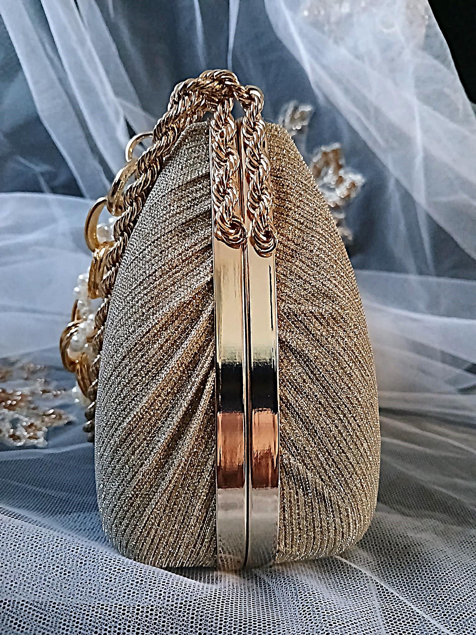 Gold Glitter Evening Clutch Bag With Decorative Handles,Wedding Handbag For Bride Or Bridesmaid