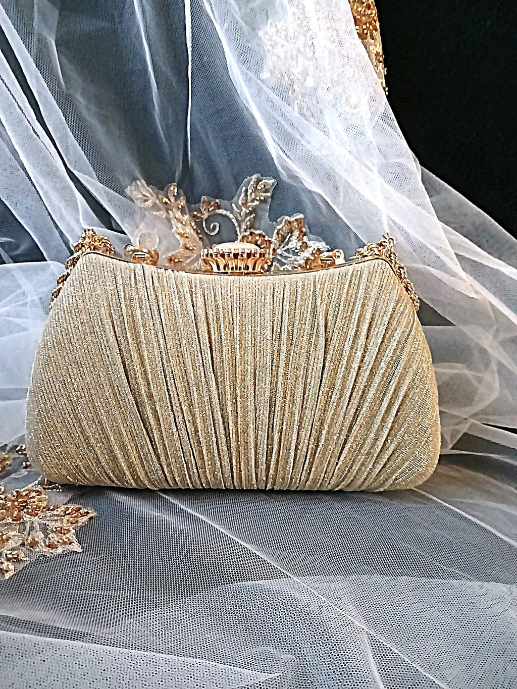 Gold Glitter Evening Clutch Bag With Decorative Handles,Wedding Handbag For Bride Or Bridesmaid