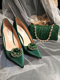 Forest Green Satin Wedding Shoes with Clip & Clutch Set