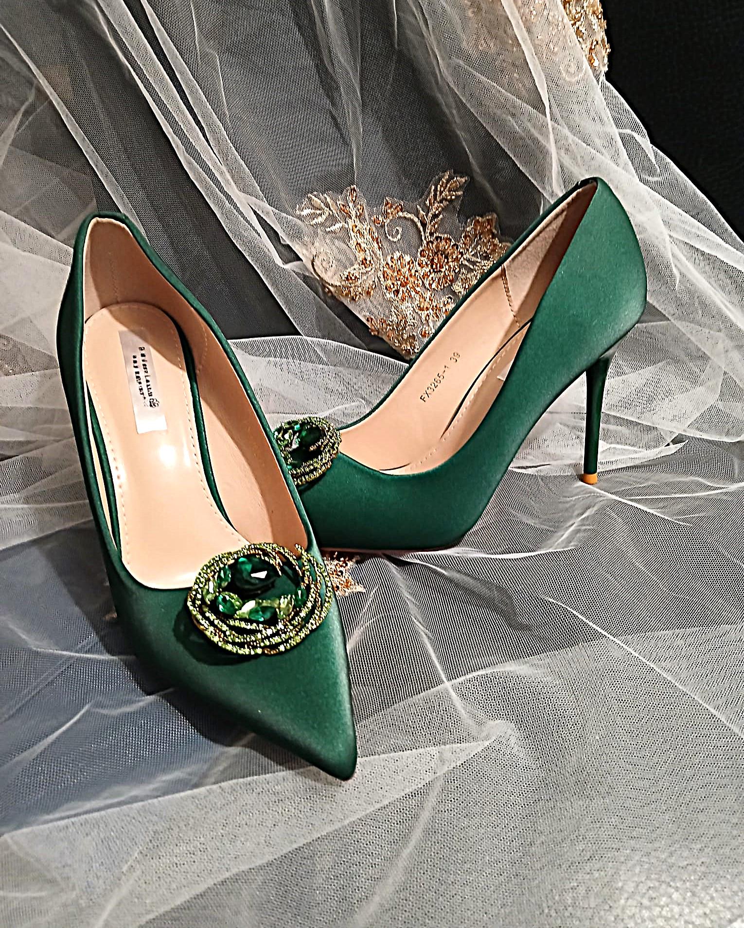 Forest Green Satin Wedding Shoes with Clip & Clutch Set