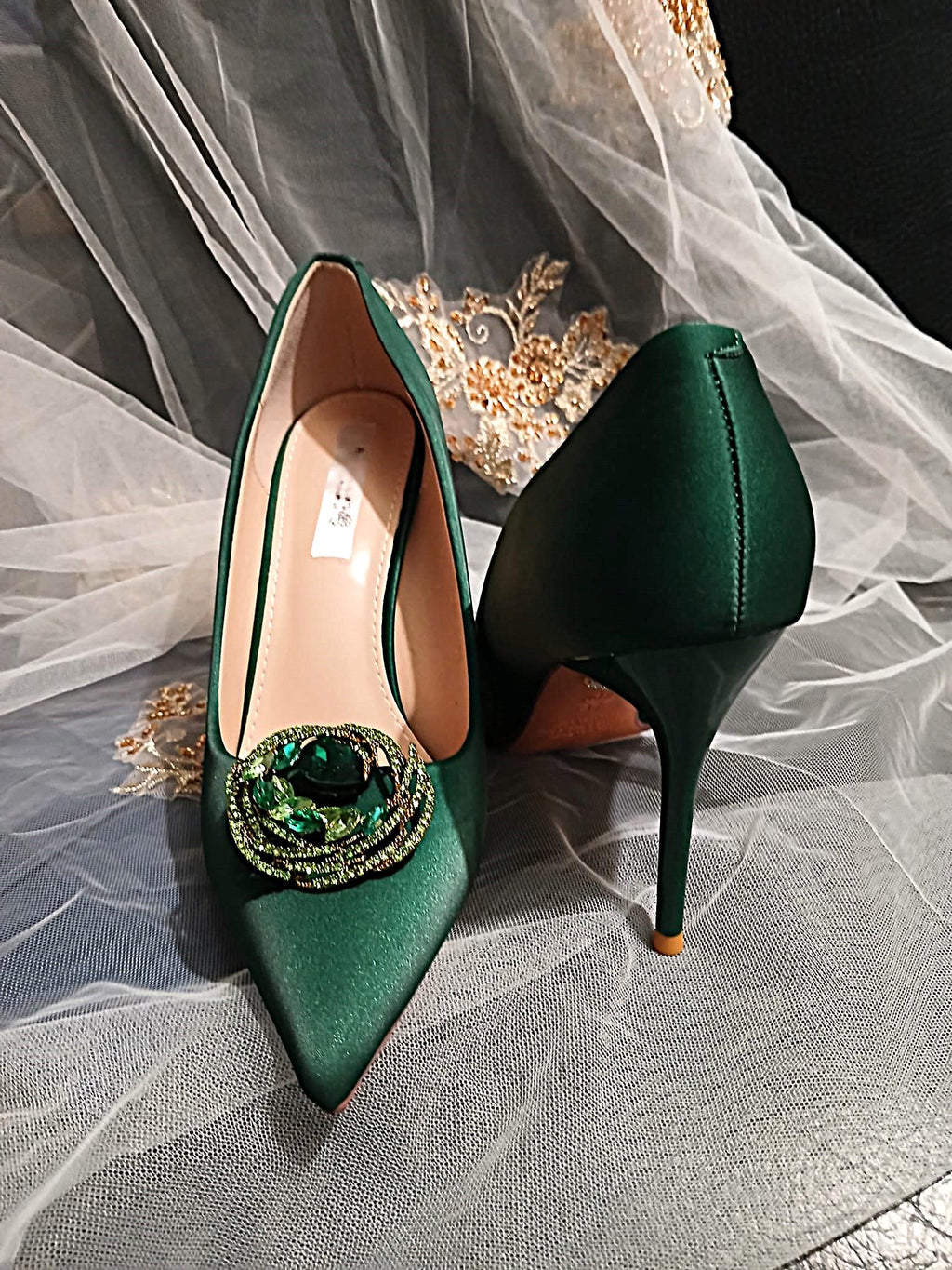 Forest Green Satin Wedding Shoes with Clip & Clutch Set