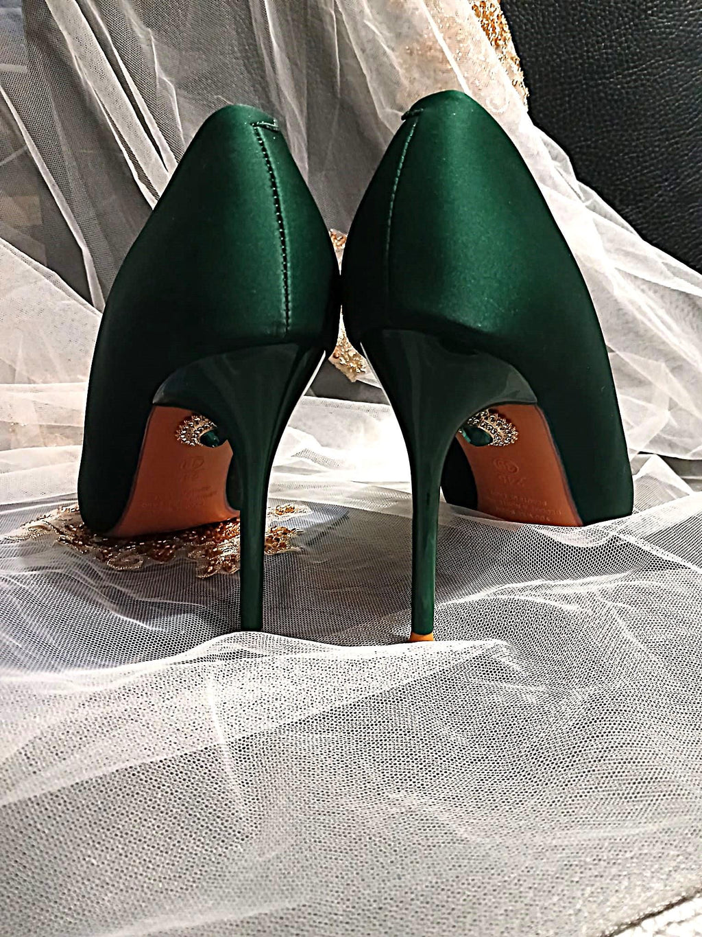 Forest Green Satin Wedding Shoes with Clip & Clutch Set