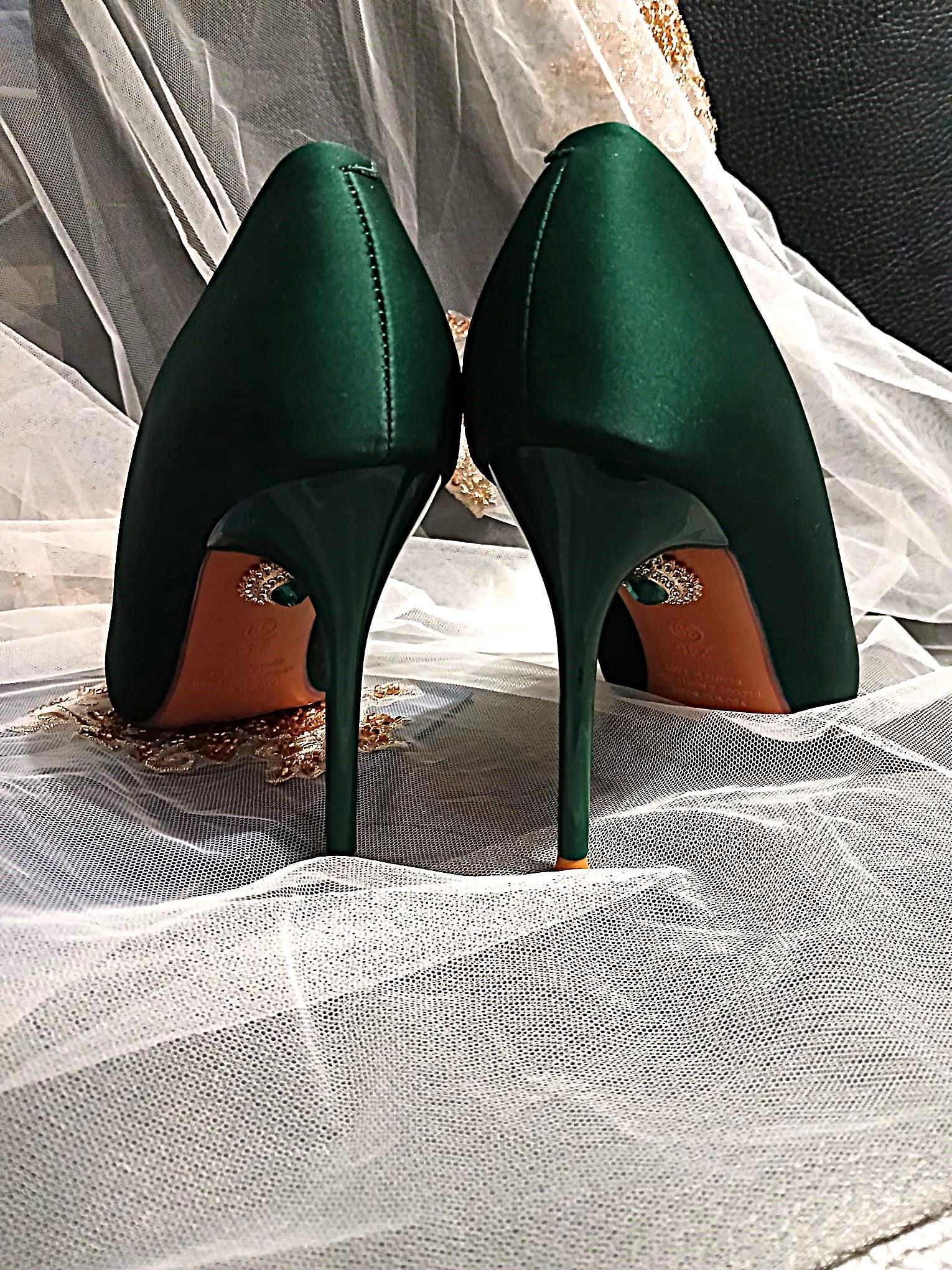 Forest Green Satin Wedding Shoes with Clip & Clutch Set