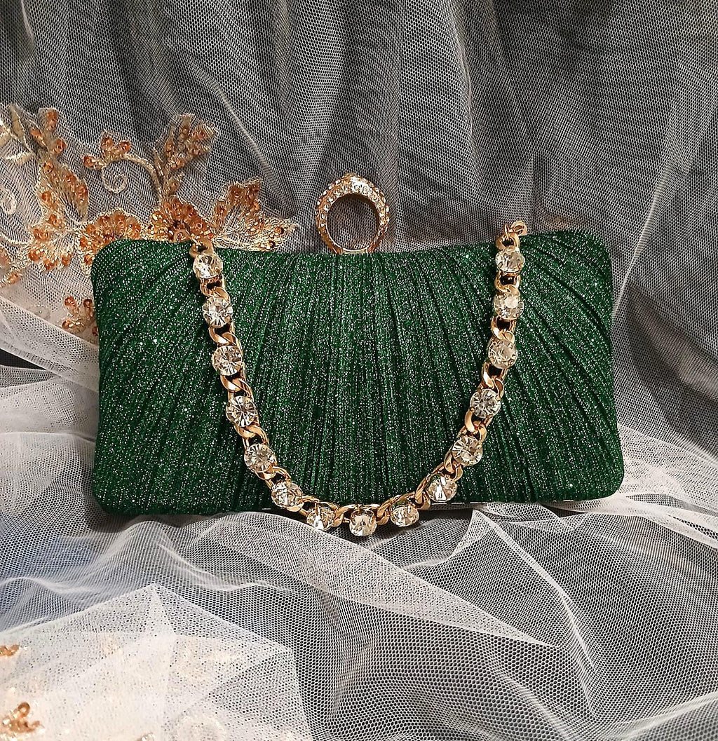 Forest Green Glitter Evening Clutch with Gold Hardware & Pearl Handle