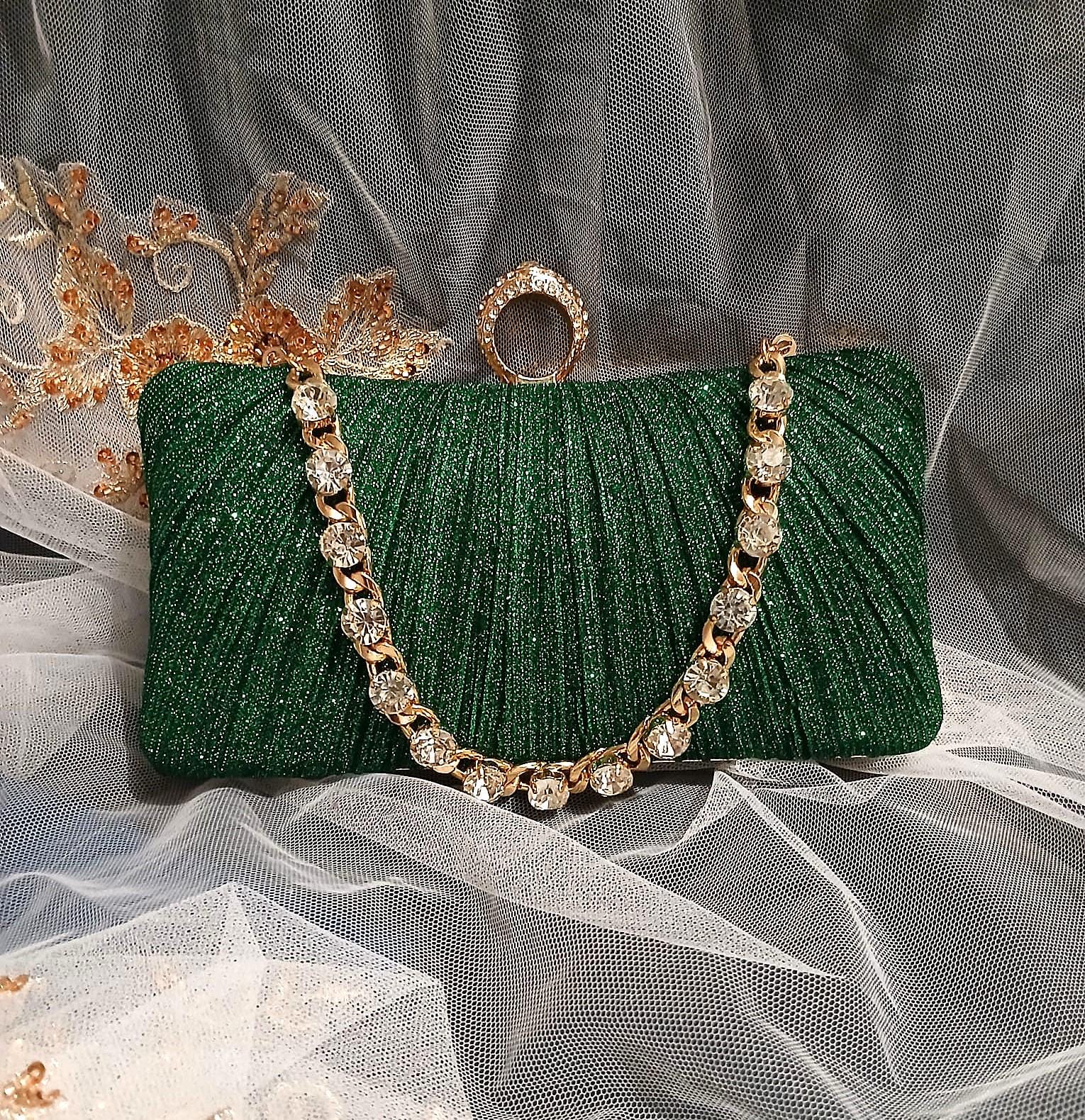 Forest Green Glitter Evening Clutch with Gold Hardware & Pearl Handle