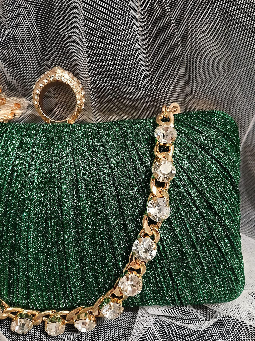 Forest Green Glitter Evening Clutch with Gold Hardware & Pearl Handle