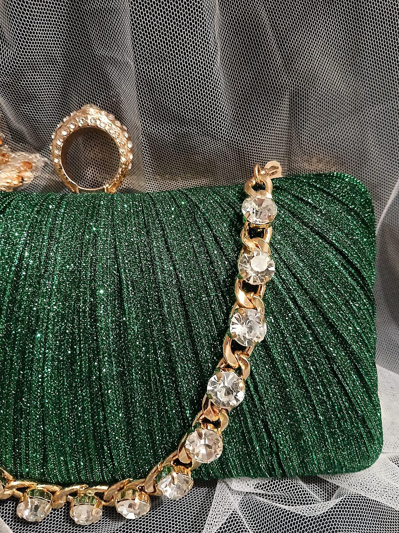 Forest Green Glitter Evening Clutch with Gold Hardware & Pearl Handle