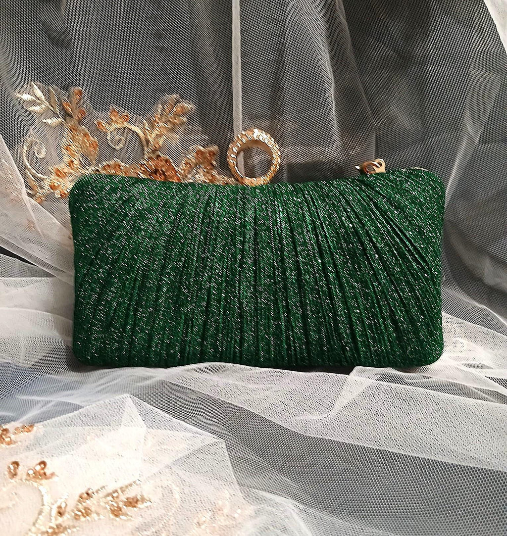 Forest Green Glitter Evening Clutch with Gold Hardware & Pearl Handle