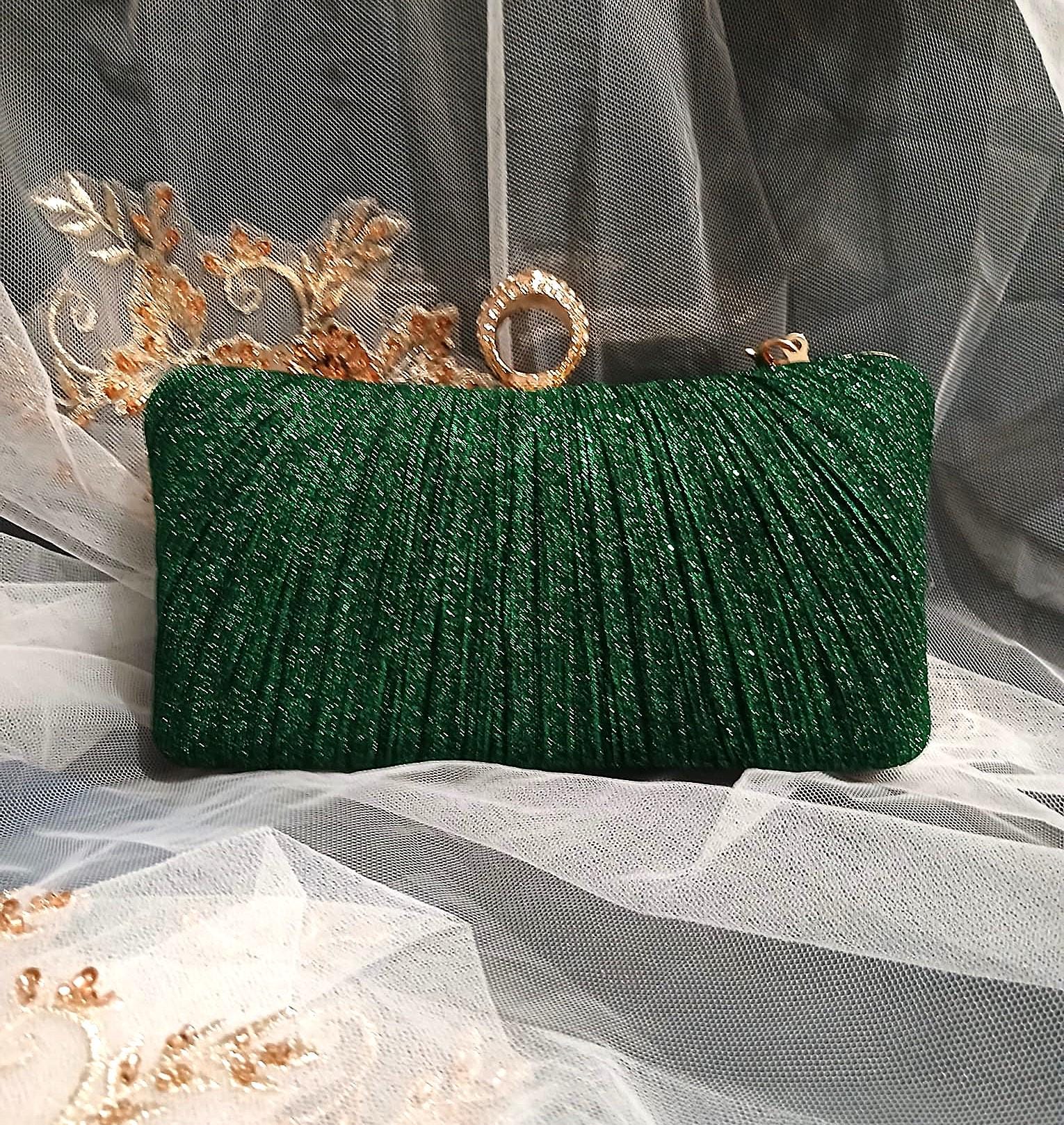Forest Green Glitter Evening Clutch with Gold Hardware & Pearl Handle