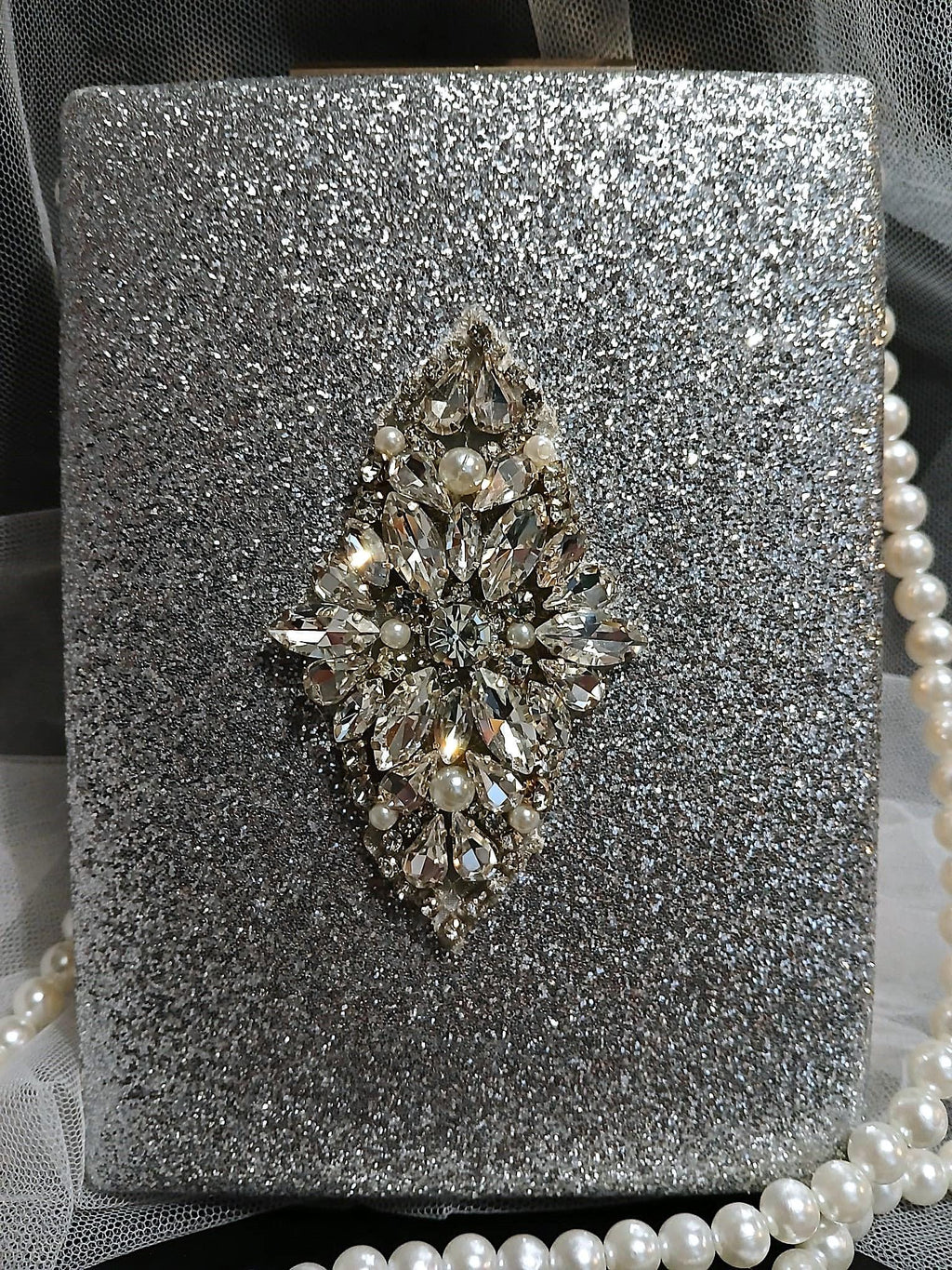 Glitter Silver Evening Clutch Bag With Pearl Handle,Wedding Handbag For Bride Or Bridesmaid