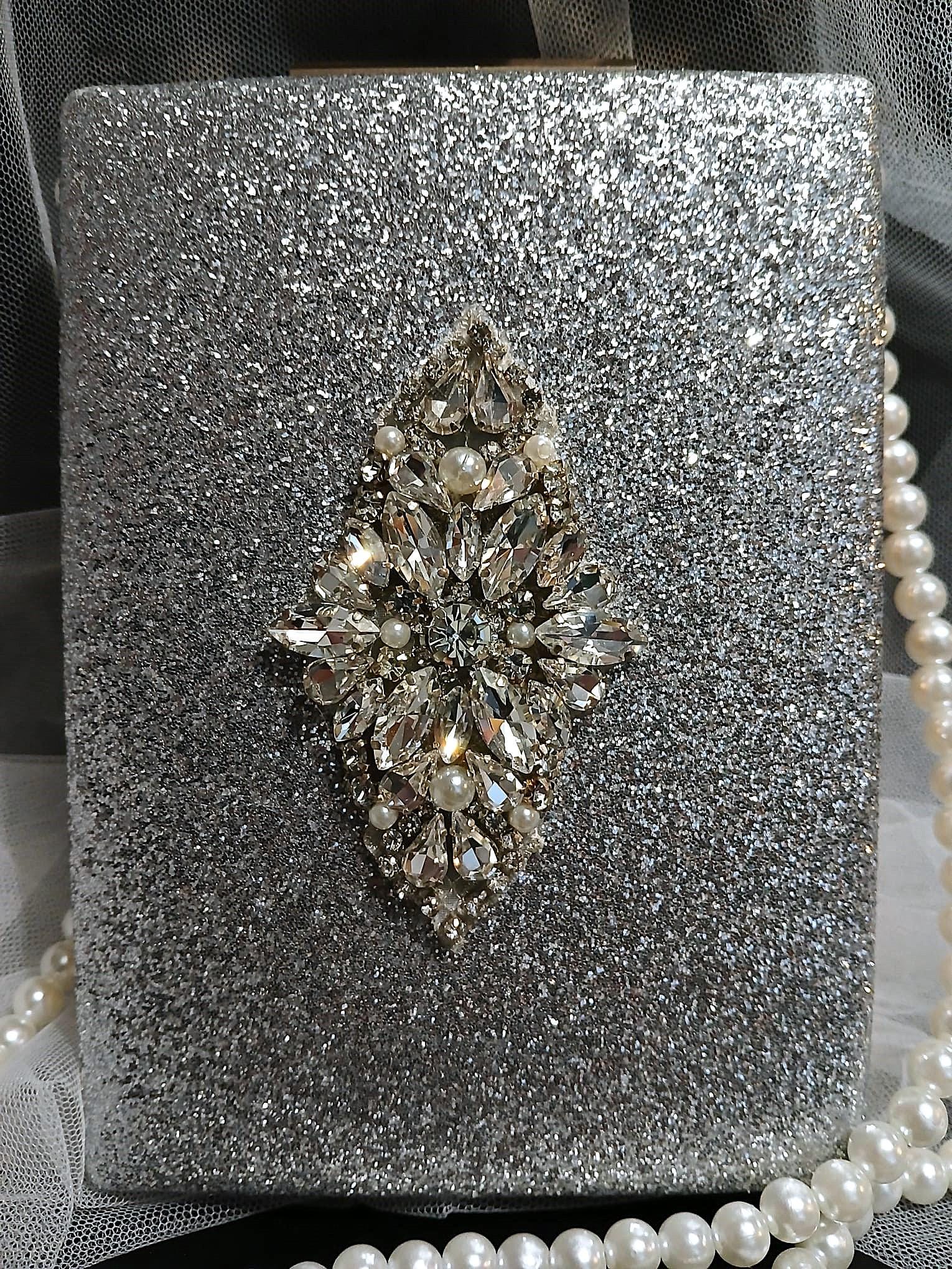 Glitter Silver Evening Clutch Bag With Pearl Handle,Wedding Handbag For Bride Or Bridesmaid