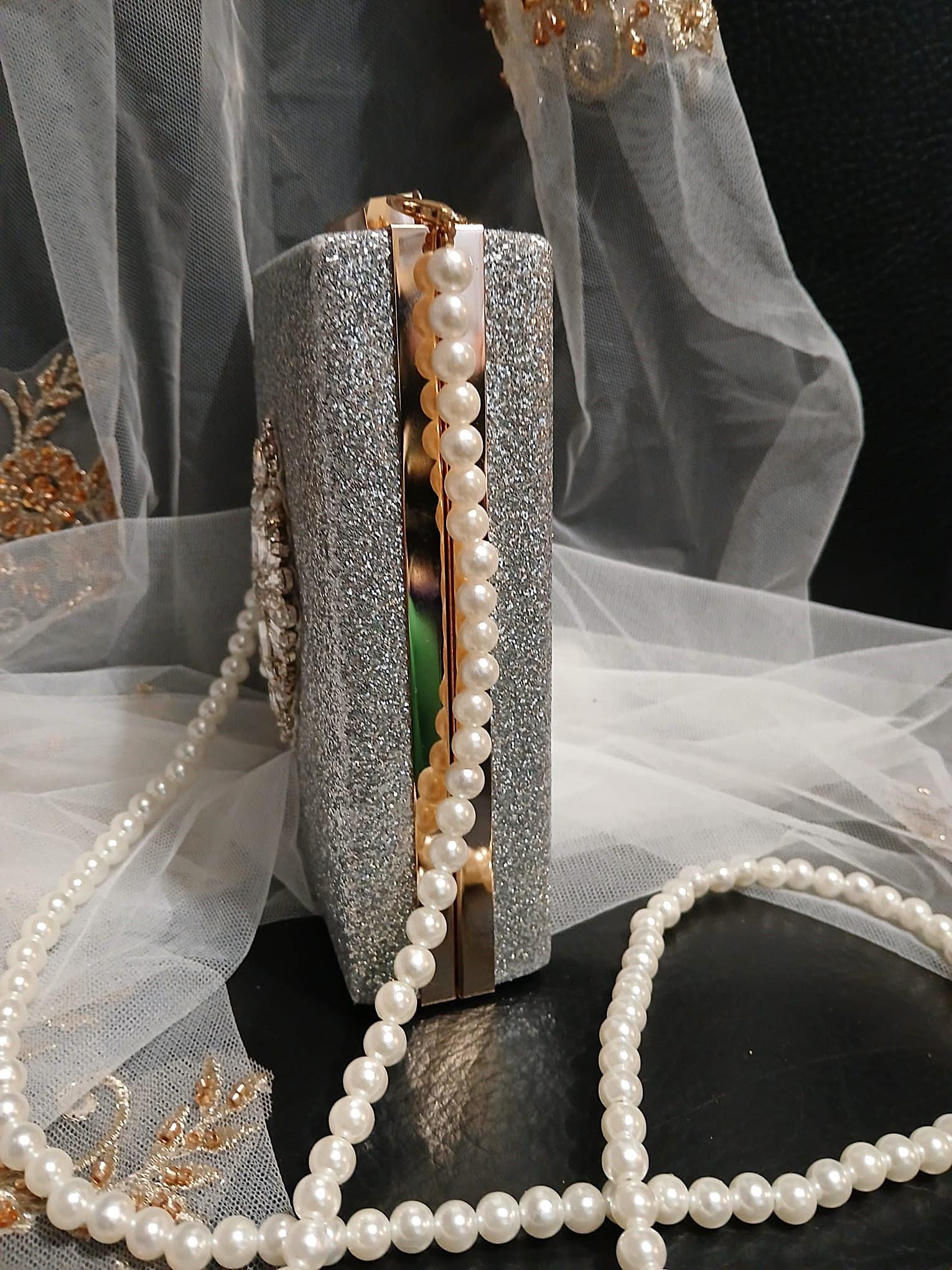 Glitter Silver Evening Clutch Bag With Pearl Handle,Wedding Handbag For Bride Or Bridesmaid