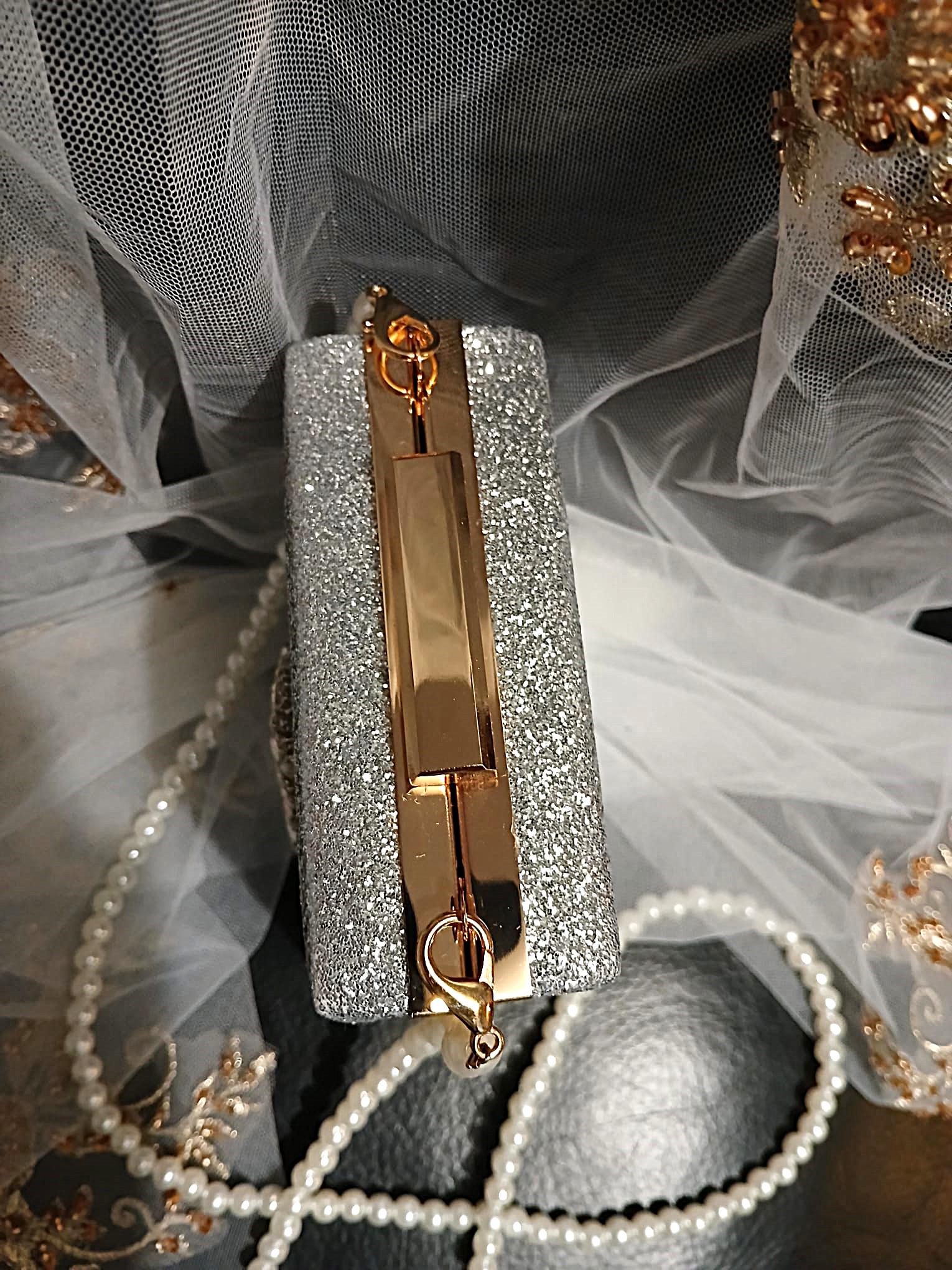 Glitter Silver Evening Clutch Bag With Pearl Handle,Wedding Handbag For Bride Or Bridesmaid