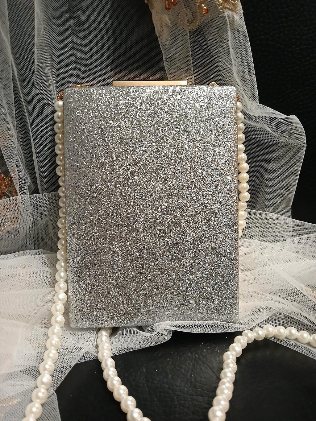 Glitter Silver Evening Clutch Bag With Pearl Handle,Wedding Handbag For Bride Or Bridesmaid