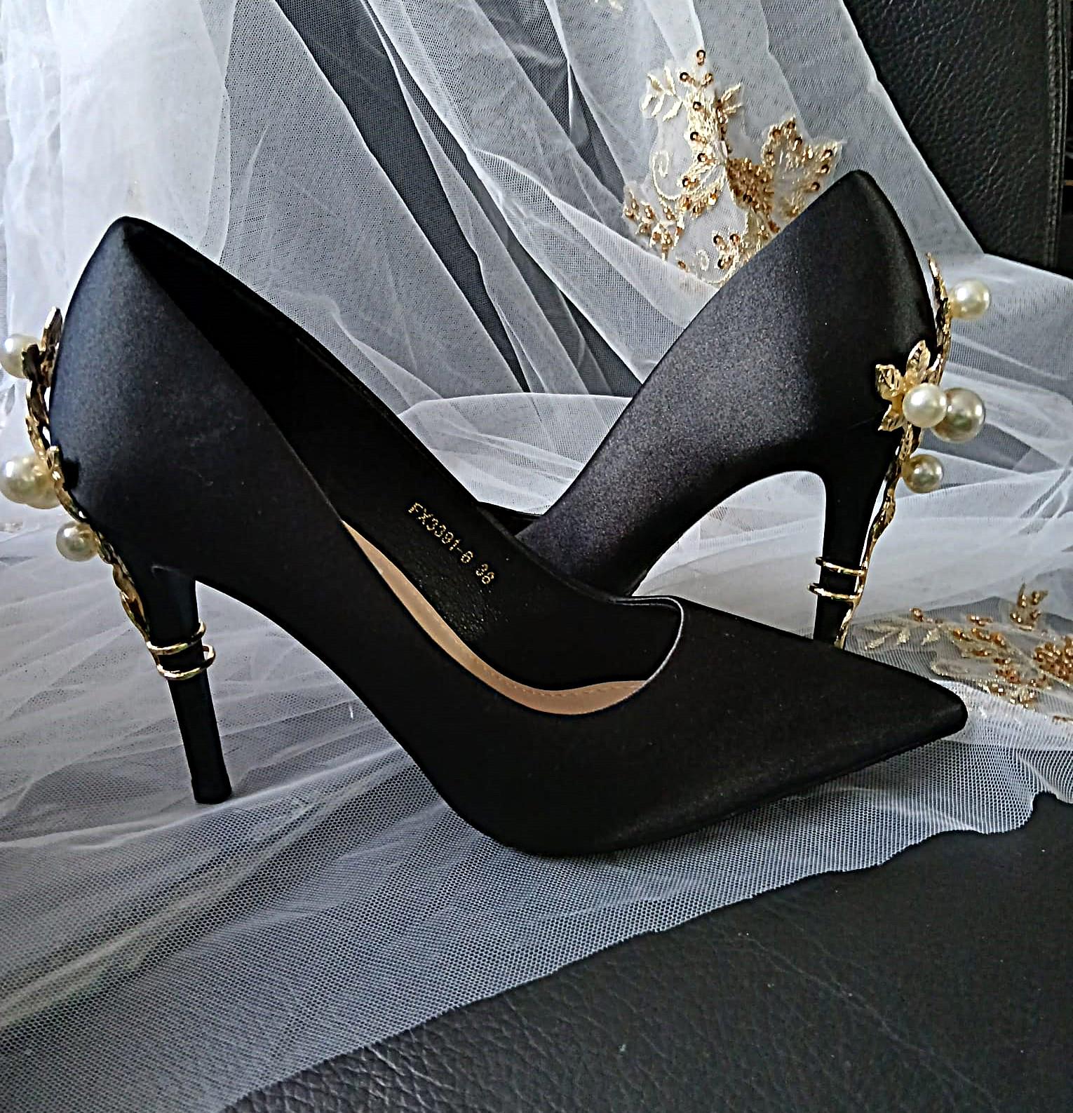 Vintage Inspired Black Satin Heels: Gold & Pearl Embellished Formal Shoes