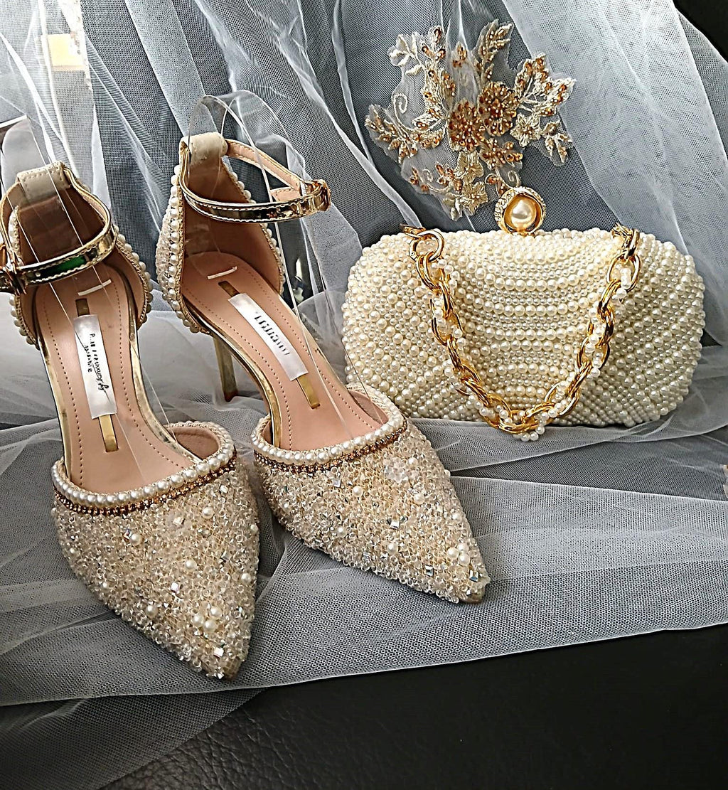 Ivory Pearl Crystal Wedding Sandals with Matching Clutch Bag