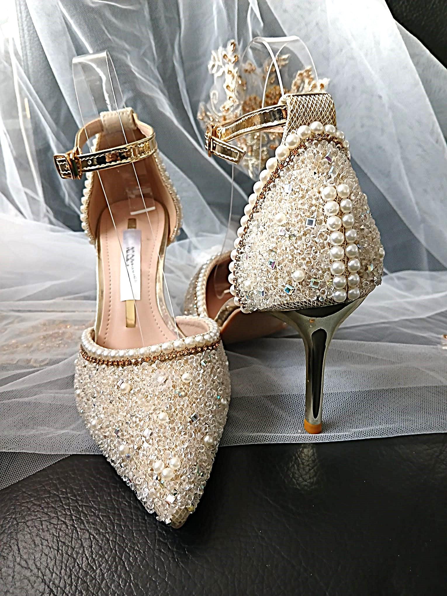 Ivory Pearl Crystal Wedding Sandals with Matching Clutch Bag