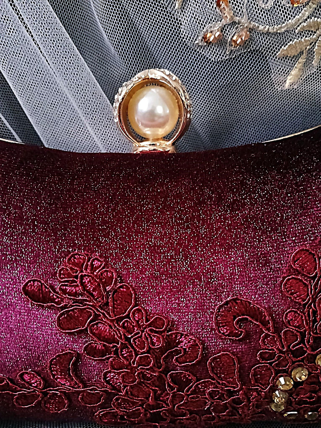 Wine Red Velvet Clutch Bag: Gold Hardware, Floral Lace Evening Bag