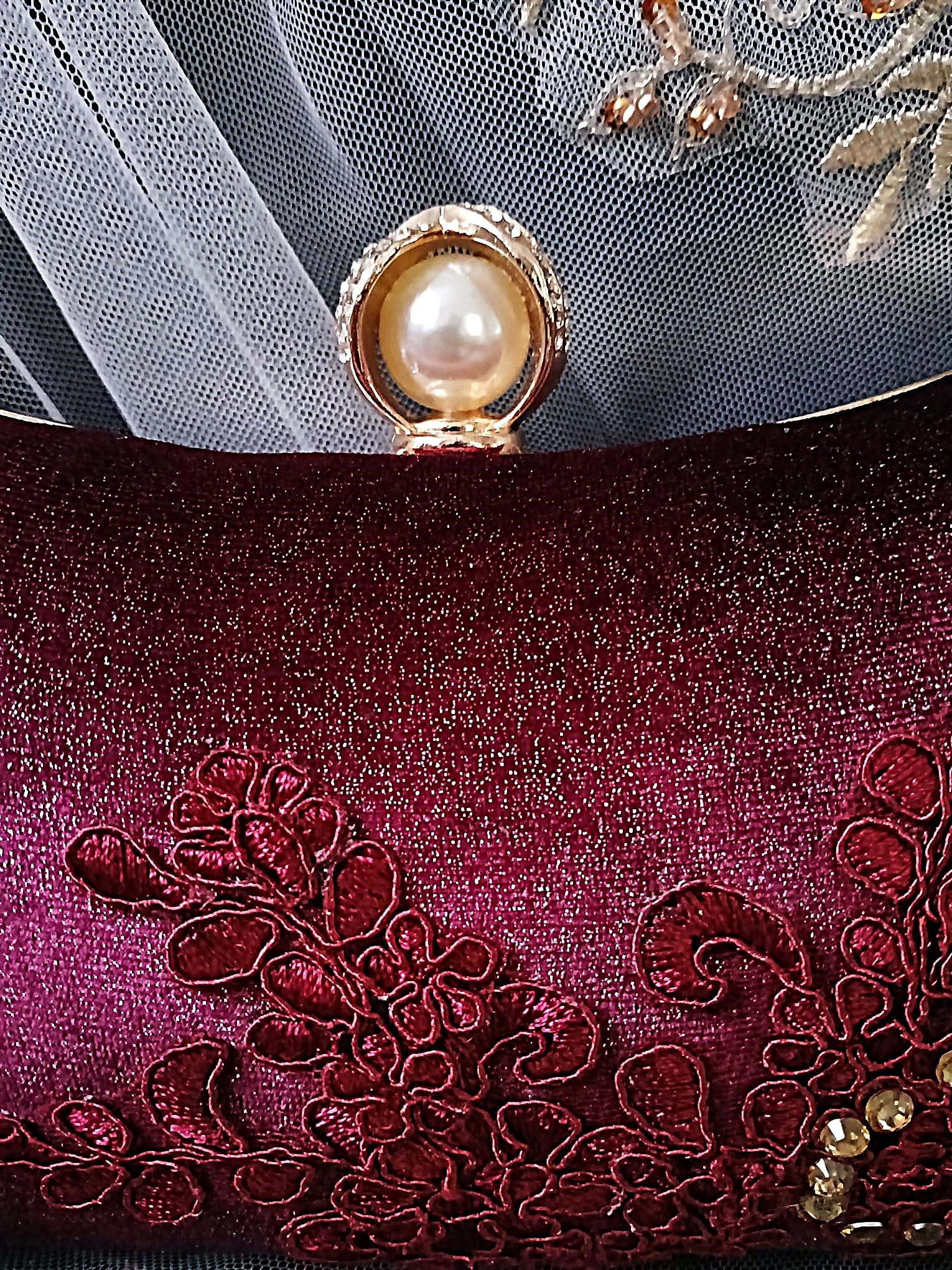 Wine Red Velvet Clutch Bag: Gold Hardware, Floral Lace Evening Bag