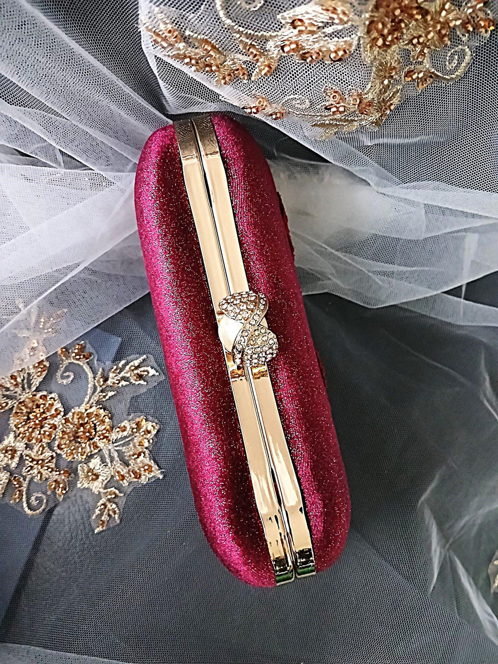 Wine Red Velvet Clutch Bag: Gold Hardware, Floral Lace Evening Bag