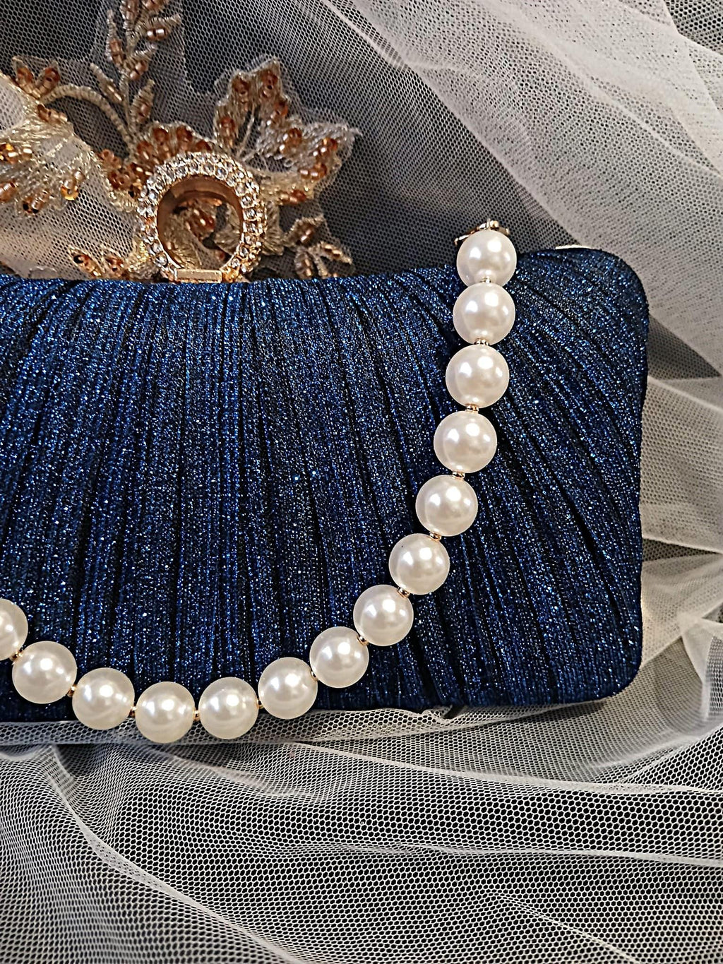 Royal Blue Glitter Evening Clutch: Gold Hardware, Pearl Handle