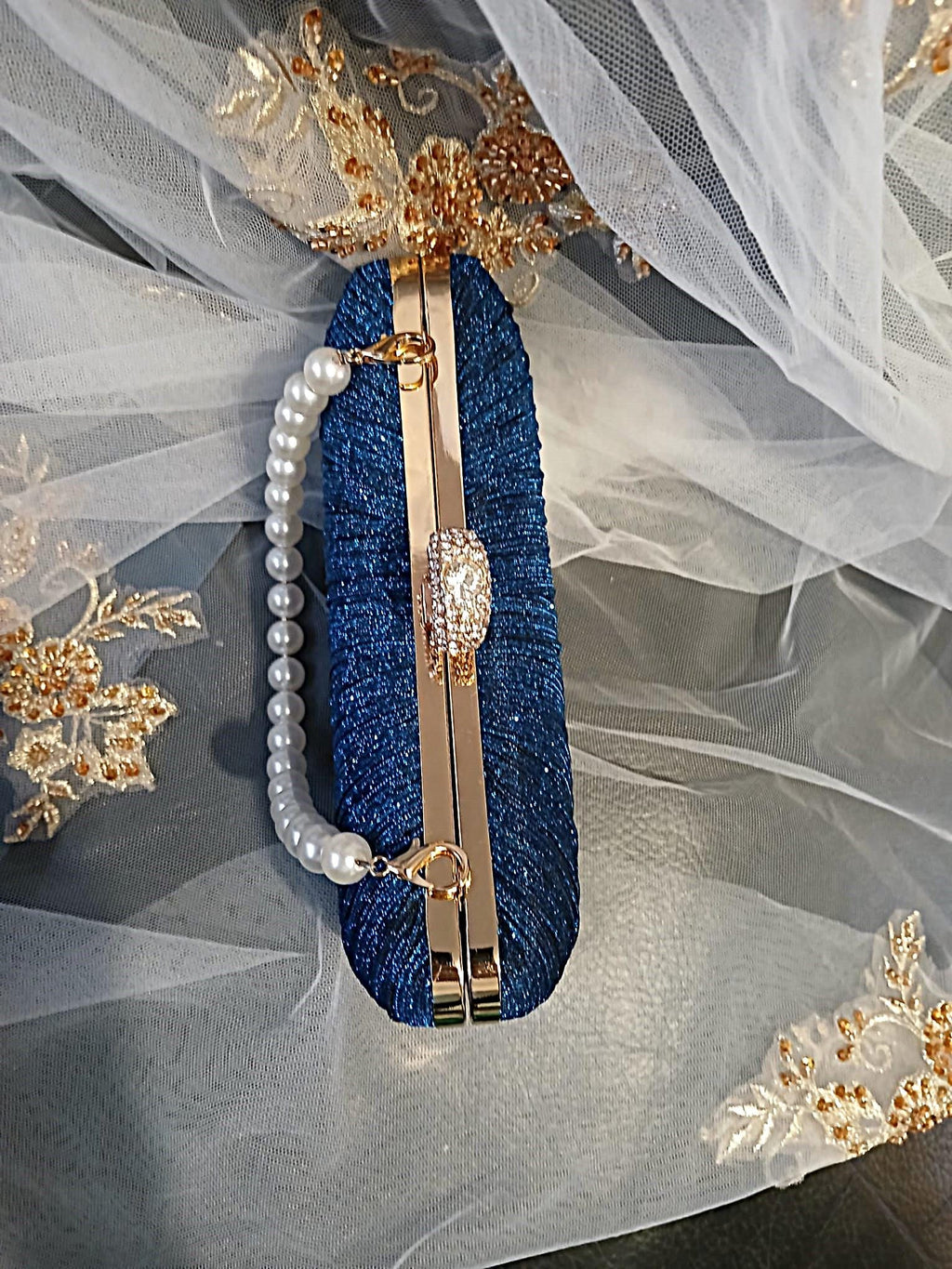 Royal Blue Glitter Evening Clutch: Gold Hardware, Pearl Handle