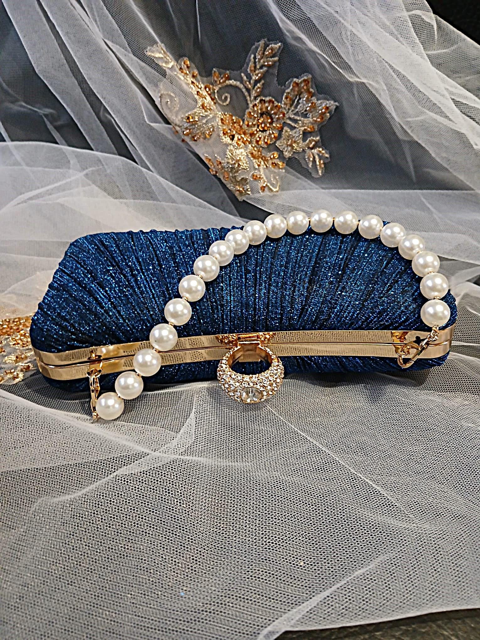 Royal Blue Glitter Evening Clutch: Gold Hardware, Pearl Handle