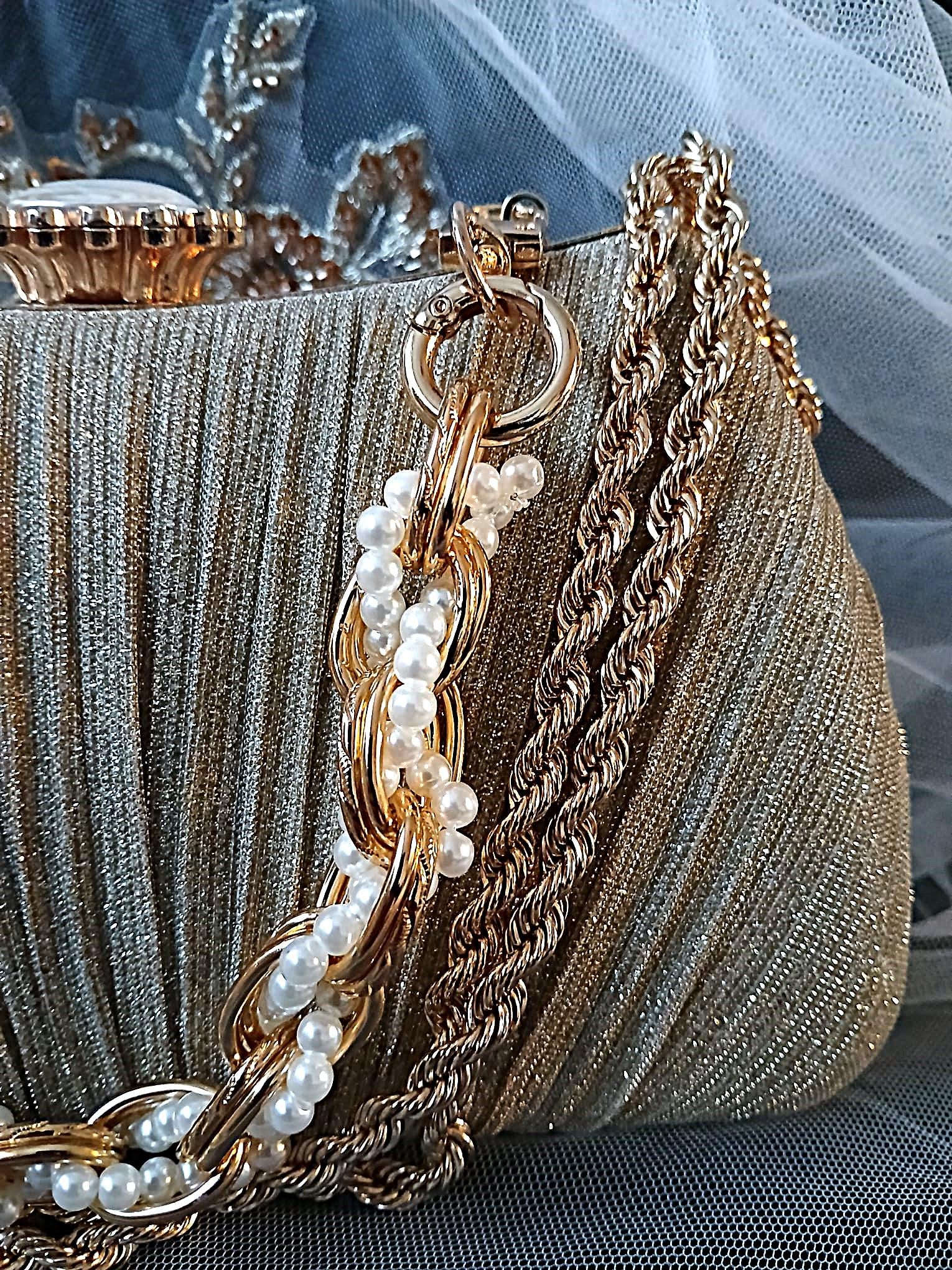 Gold Glitter Evening Clutch Bag With Decorative Handles,Wedding Handbag For Bride Or Bridesmaid